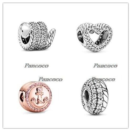 925 Sterling Silver Baeds Rose Sparkling Pink Anchor Clip Charm Fit Pan Bracelet & Necklace Jewelry