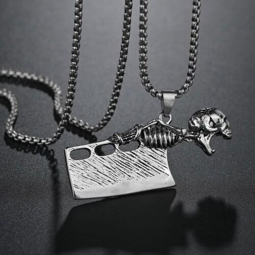 Stainless Steel Chain Skull Skeleten Kitchen Knife Pendant Necklace For Men Woman Chef Blade Necklace Gift Hip Hop Gothic Jewe