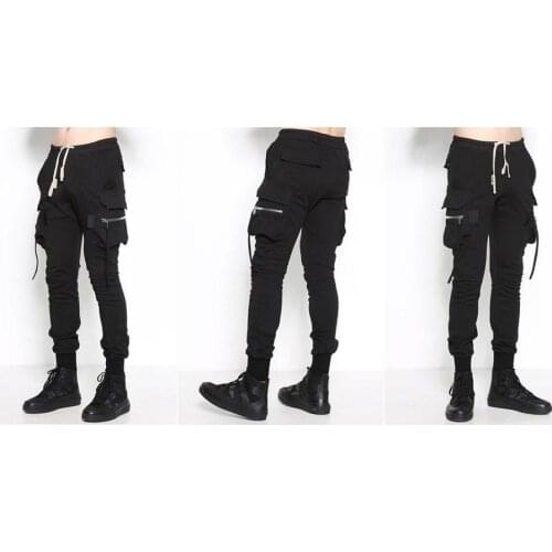 Black Mens High Street Multi -Pocket Slim Fitted Jogger/Boots Pants Casual Overalls / Pioneer Pocket Zipper Slacks
