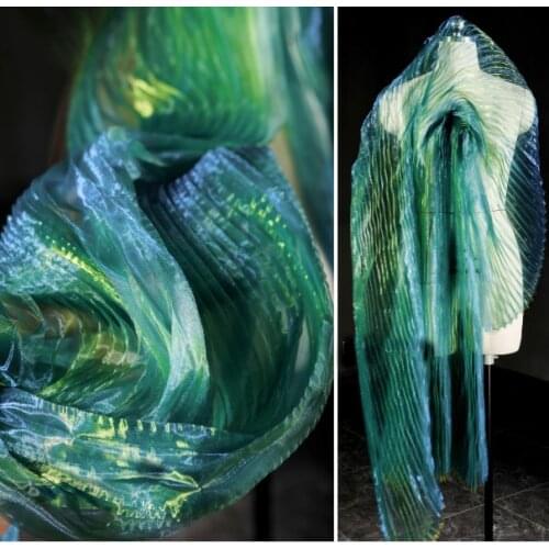 Cyan blue organza gradient two-color pleated water-gloss garment fabric