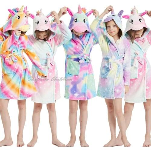 Children Flannel Baby Bathrobe Long Sleeve Hooded Fleece Robe Boys Girls Kigurumi Unicorn Onesies Anime Cartoon Towel Homewears