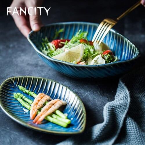 FANCITYJapanese tableware irregular shaped kiln becomes personality blue creative ceramic breakfast bowl fruit salad bowl
