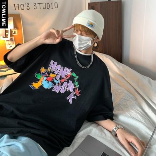 Summer Men Casual T Shirts Harajuku Streetwear Male Cartoon Print Short Sleeve Tees Couple Loose O-Neck Cotton Tops