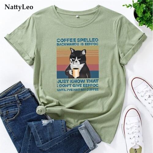 Fashion Coffee Cat Print T-Shirt Oversize Plus Size TShirt 100%Cotton Womens T-shirts O Neck Short Sleeve Tees Summer Tops