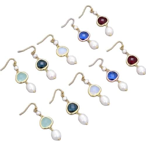 GG Jewelry 10x12mm Natural White Rice Pearl Colorful Crystal Gold Plated Hook Earrings