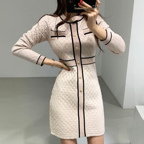 JSXDHK Korean Chic Women Sweaters Dress Autumn And Winter Single Breasted Knitted Hit Color Plaid O Neck Ladies Bodycon Dress