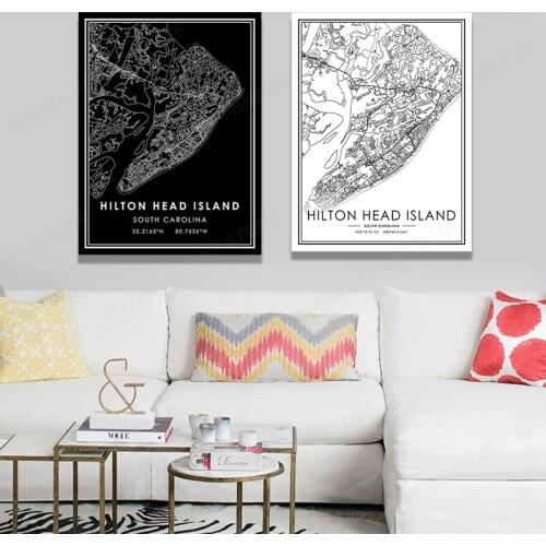 Map HILTON HEAD ISLAND Room Decor for Bedroom Kitchen Bathroom Painting Wall Art Print Poster