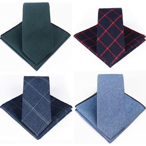 Lovely Slim Cotton 7cm Plaid Striped Tie Set For Men Neck Tie and Handkerchief Narrow Set for Wedding Business Party Casual Gift