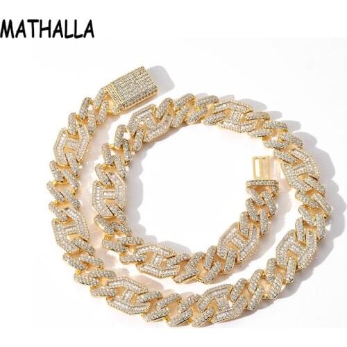 MATHALLA Newest Designs Brass 15mm Prong Cuban Link Chain Choker Necklace Bling Mens Hip Hop Iced Out CZ Jewelry