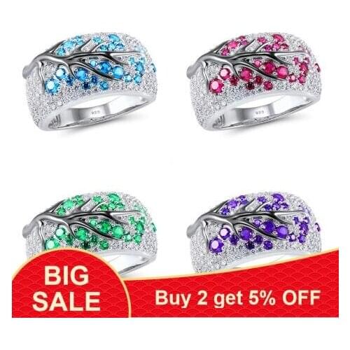 Cute Female Blue Purple Green Ring Silver Color Leaf Plant Ring Vintage Wedding Bands Promise Love Engagement Rings For Women