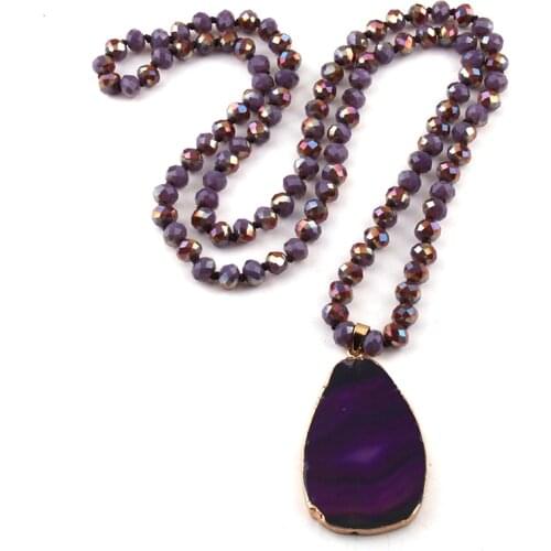 Fashion Purple Crystal Glass Knotted Agat Stone Drop Pendant Necklaces