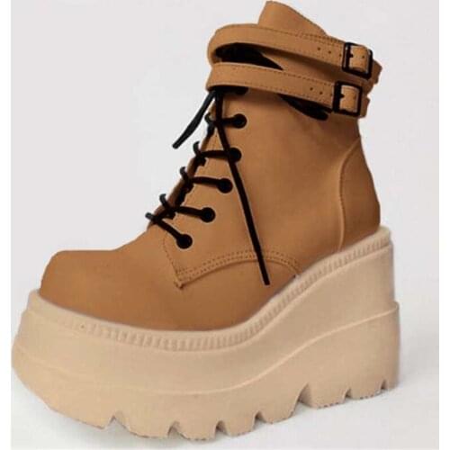 Fashion High Platform Women Boots Wedges Lace Up Ankle Boots Thick Bottom Mixed Color 2020 Autumn Female Shoes