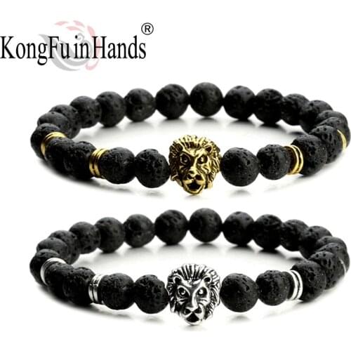 Fashion Natural Stone Hematite Male 7 Chakra Bracelet Black Lava Handmade lavas Beaded Mens Bracelet Antique Lion Head Charm