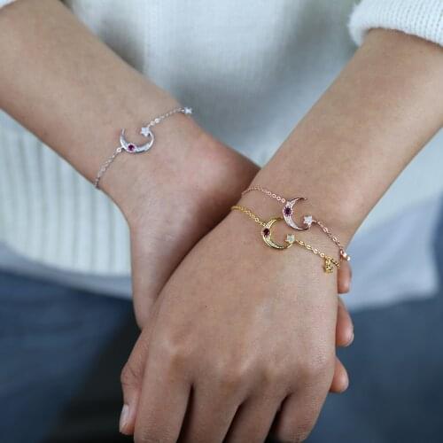 Top Quality 100% 925 sterling silver Rose Gold/Gold Moon Stars Bracelets Bangles Women delicate cute Jewelry Adjustable Bracelet