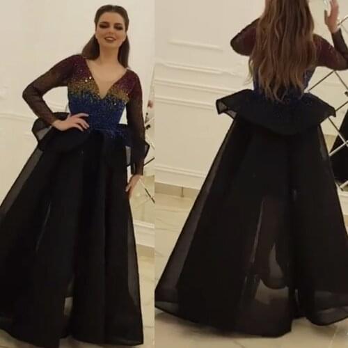 Real prom dresses deep v neck beaded tulle floor length evening dresses gowns arabic beading formal dresses