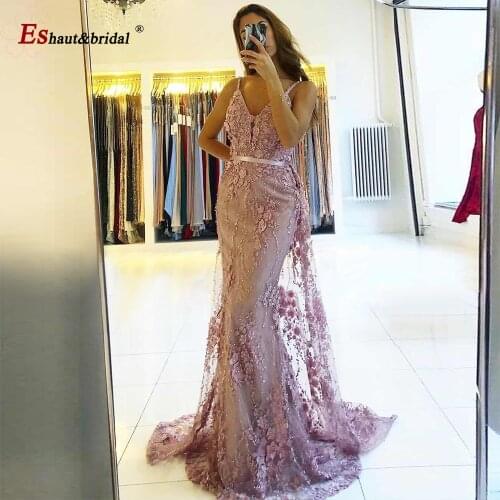 Luxury Beads Spaghetti Strap Evening Dress 2020 Mermaid Lace with Detachable Train Long Prom Party Gowns