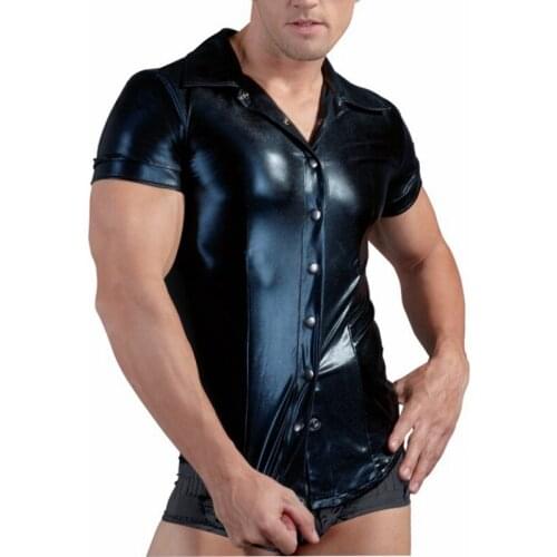 Mens Sexy Blouse Shirts Soft Faux Leather Man Fashion Uniform Blouse DS Night Clubwear Punk Uniform Corset Gay Male Clothing
