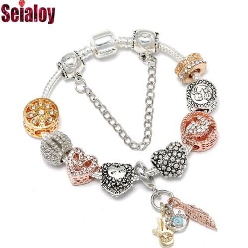 Seialoy Original 3-color Charm Bracelets For Women Girls Fashion Shiny New Mom Heart Beaded Palm Feather Eyes Dangle Bracelet