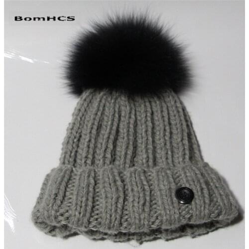 BomHCS 100% Big Fox Fur Pompom Beanie 100% Handmade Knitted Hat Winter Womens Warm Cap