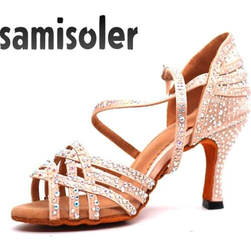 Samisoler Ladies Latin dance shoes with Brown rhinestone salsa dancing shoes Fashion Comfortable satin soft high heels 5CM-10CM