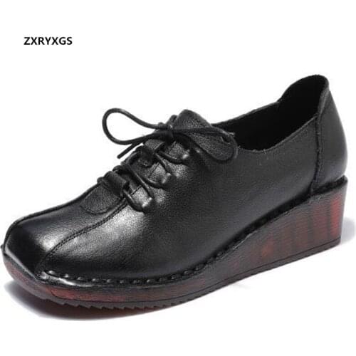 2021 New Fashion Premium Soft Cowhide Women Leather Shoes Soft Sole Non-slip Wedges Heel Shoes Comfortable Elegance Tide Shoes