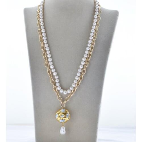 Z10764 2Row 20" 8mm White Round Pearl Chain Necklace Pendant CZ Gold-plating