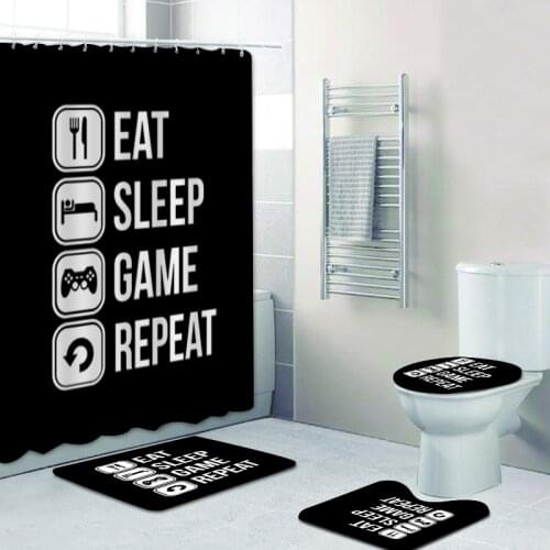 Novelty Eat Sleep Game Repeat Shower Curtain Bathroom Curtain with Bath Rug Set for Gamer Addicts Gaming Bathroom Accessories