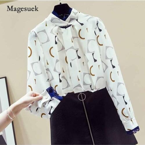 Womens White Stitching Lace Shirts Long Sleeve Bottoming Shirt New Chiffon Blouse Womens Pullover Stand Collar Feminine 11170