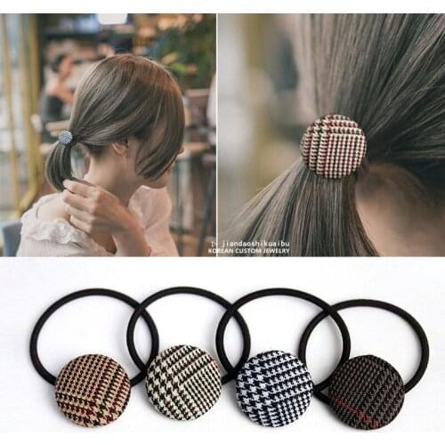 Retro button Women Elastic Hair Bands Accessories Vintage plaids Girls Scrunchies Headbands rings Rubber Rope Headdress headwear