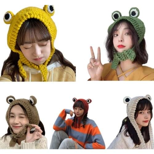 Cute Frog Eye Weave Knit Skullies Beanie Hat Solid Color Winter Warm Earflap Cap B95F