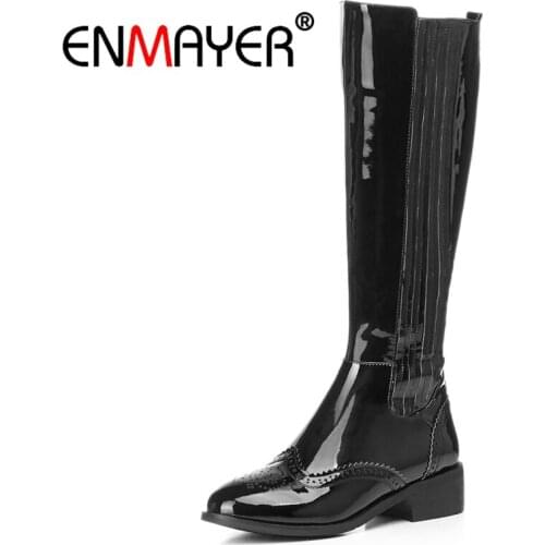 ENMAYER Women knee high Med heels Thick heels Genuine leather boots Winter Fashion shoes woman Black Big boots