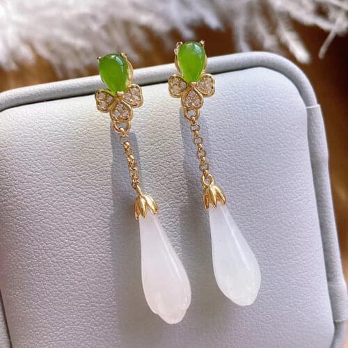 Natural Hetian Jade Magnolia Earrings Womens Elegant Long Super Fairy Flowers Earrings Womens Autumn and Winter Sterling Silve