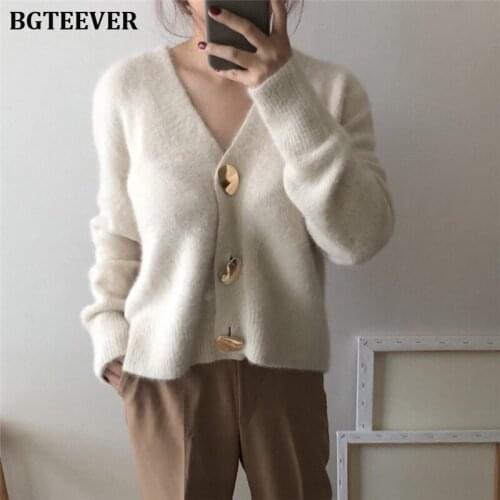 BGTEEVER Vintage Loose V-neck Women Sweaters Autumn Winter 2019 Single-breasted Cardigans Female Open Stitch Knitted Outerwear