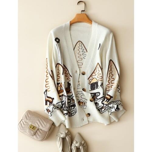 2020 autumn winter new style woman cashmere wool cardigan v neck long sleeve embroidery fashion short coat