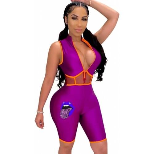 Lip Print Neon Orange Striped Spliced Bodycon Romper Women V Neck Sleeveless Short Playsuit Streetwear Zipper Bicycle Jumpsuits