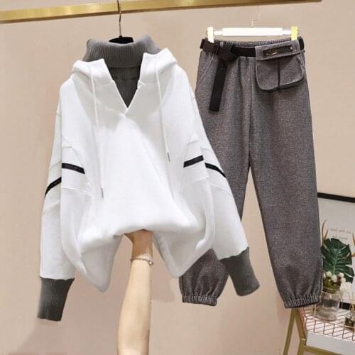 Plus Size M-4XL Thicken Warm Two-piece Set Womens 2020 Winter Knitted Splice High Collar Lace-up Pullover+sashes Casual Pants