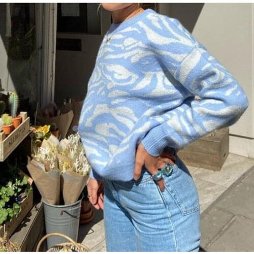 2021 Spring Autumn new Blue Casual Sweater Top O Neck Long Sleeved Knitted Pullover Sweater Loose Fashion Ladies Streetwear