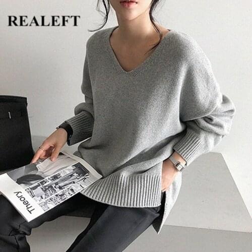 REALEFT Autumn Winter Solid Loose Womens Knitted Pullover Sweater 2021 New Long Sleeve Casual V-Neck Sweaters Female Chic Tops