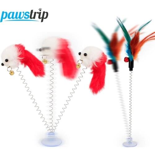 1pc Colorful Feather Cat Toys Mouse Interactive Bottom Sucker Spring Cat Scratcher Pet Toys For Cats