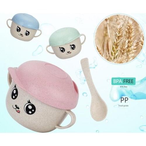 2Pcs/Set 450ML Feeding Bowl Smart Phone Holder Design Anti-fall Food Grade Material Baby Wheat Straw Bowl for Kindergarten