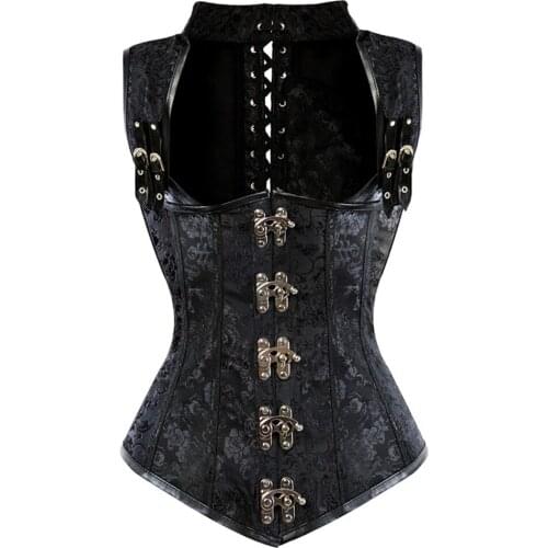 2021 Womens Steampunk Steel Boned Waist Training Brocade Corset Slimming Gothic Underbust Sexy Black Strap Corsets Bustiers Top