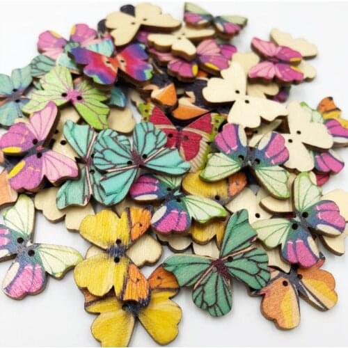 50pcs Mixed Color Random Butterfly Wooden Buttons Two Holes Sewing Craft Scrapbooking Garment Accessories WB43