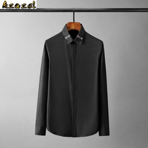 Azazel Black Cotton Male Shirts Luxury Embroidery Collar Long Sleeve Business Casual Slim Fit Party Mens Dress Shirts 3XL