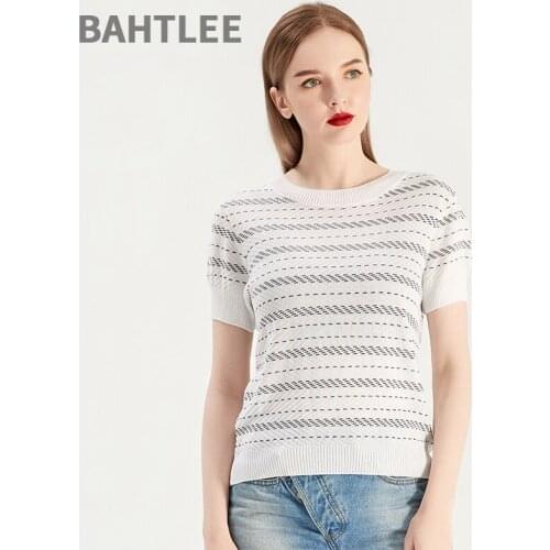 BAHTLEE Summer Women T-shirt Tencel Stripe Short Sleeves O-Neck Pullovers Jacquard Weave Knitted Sweaters Four Color