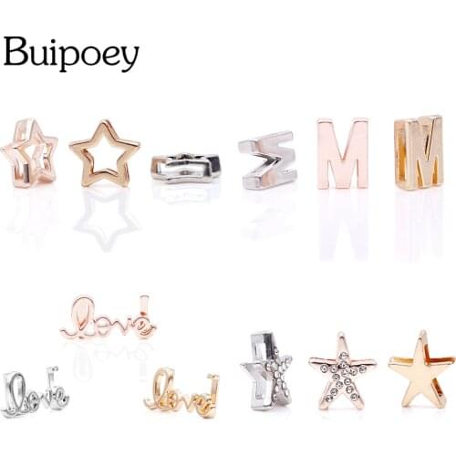 Buipoey Rose Gold Letter beads M LOVE Stars Rhinestone Charm Fit Stainless Steel Mesh Bracelet Bangle 10mm Watch Chain Jewelry