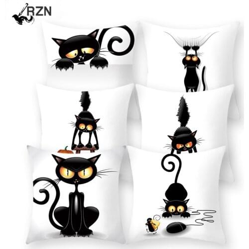 RZN 1Pcs Black Cat Spider Polyester Cushion Cover Decorative Throw Pillows Home Bedroom Sofa Seat Car Decoration Pillowcase