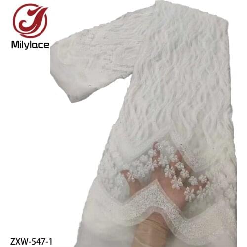 Hot Sale French Mesh Tulle Lace Fabric with Beads African Nigeria Fabric for Sewing Evening Dress Wedding Dress ZXW-547
