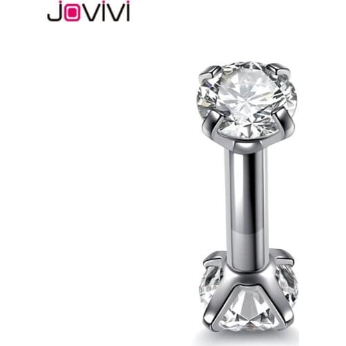Jovivi Double Cubic Zirconia Gem Round Stud Earring Stainlss Steel Barbell Earring Cartilage Helix Earring Piercing Jewelry 2x