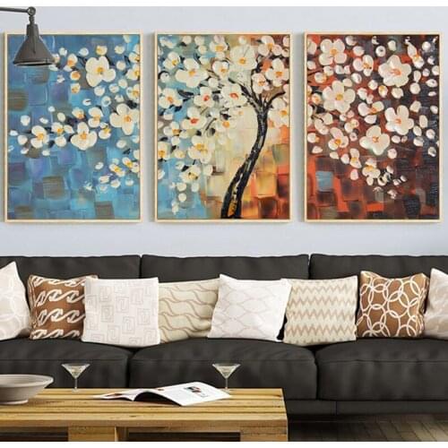 3 Panels Knife Oil Painting Printed on Canvas Abstract Rich Tree Flower Painting Wall Art Pictures for Living Bedroom Home Decor