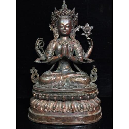 14"Chinese temple collection Old Bronze Cinnabar Lacquer Four-armed Guanyin Bodhisattva Buddha Sitting lotus Ornaments